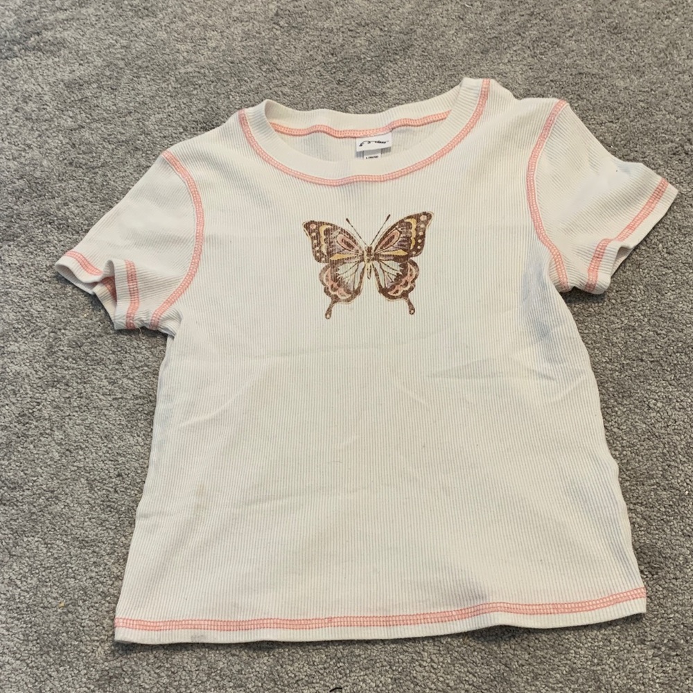 Art Class Cream Butterfly Tee with Pink Accents